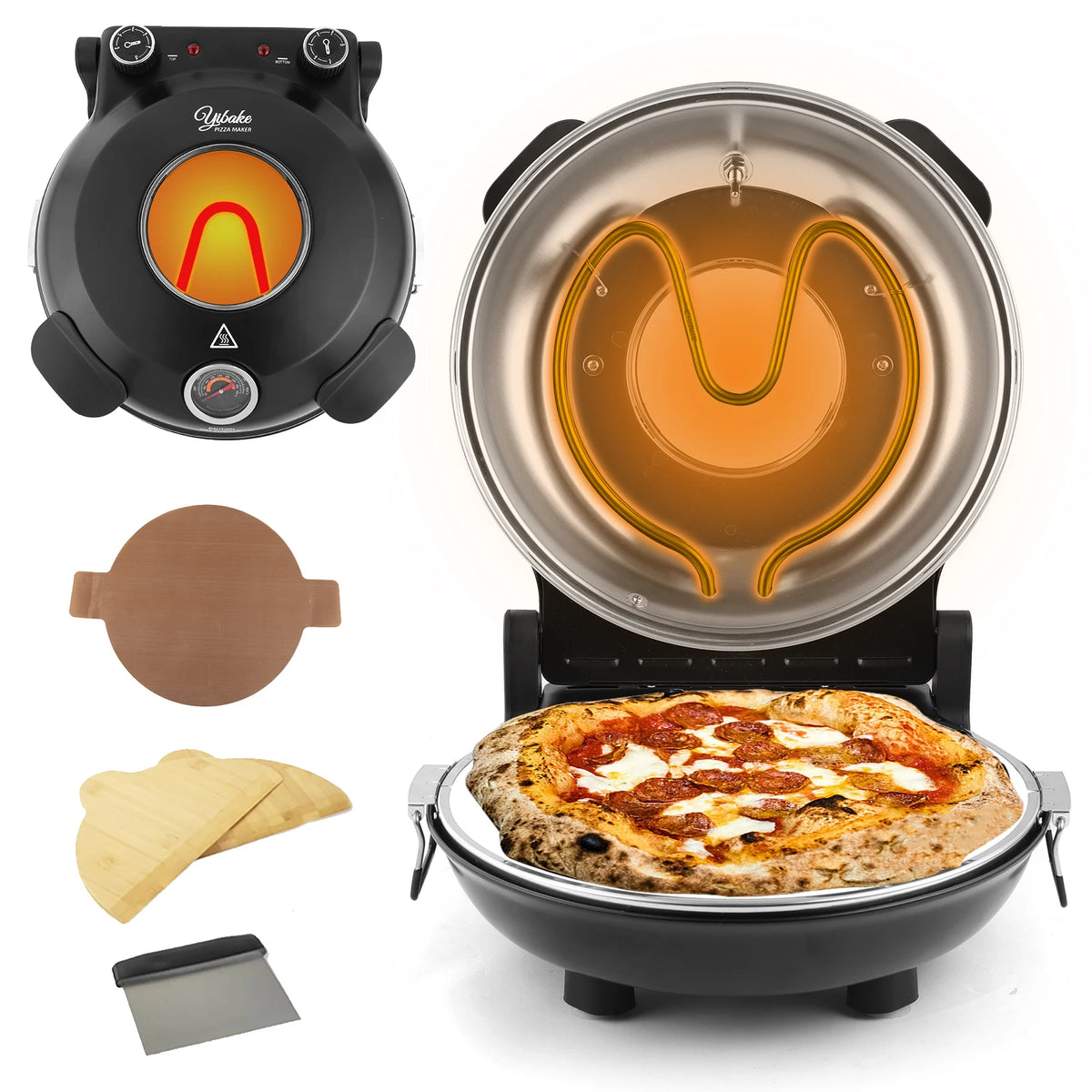 Horno de pizza portátil eléctrico de 12 pulgadas (30 cm) 1200 W hasta 420 °C | iBiggoo