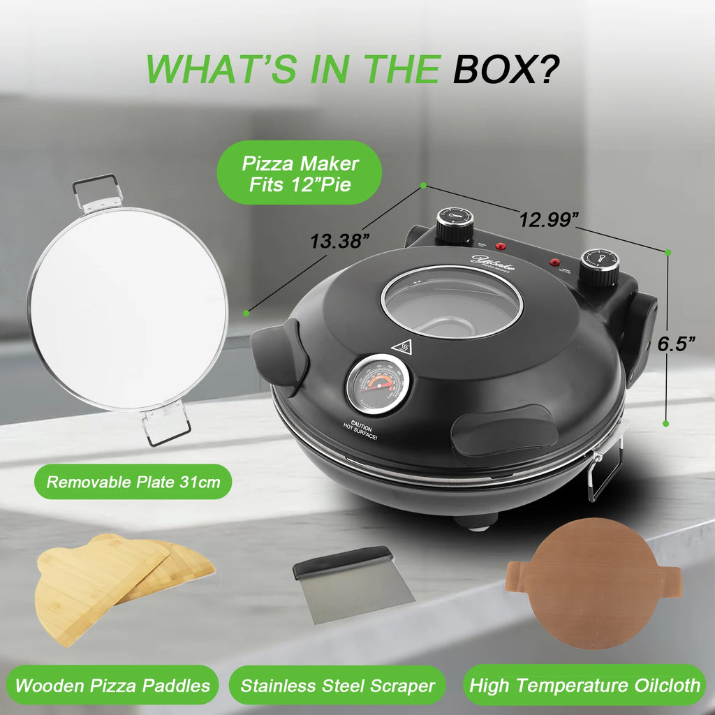 Horno de pizza portátil eléctrico de 12 pulgadas (30 cm) 1200 W hasta 420 °C | iBiggoo