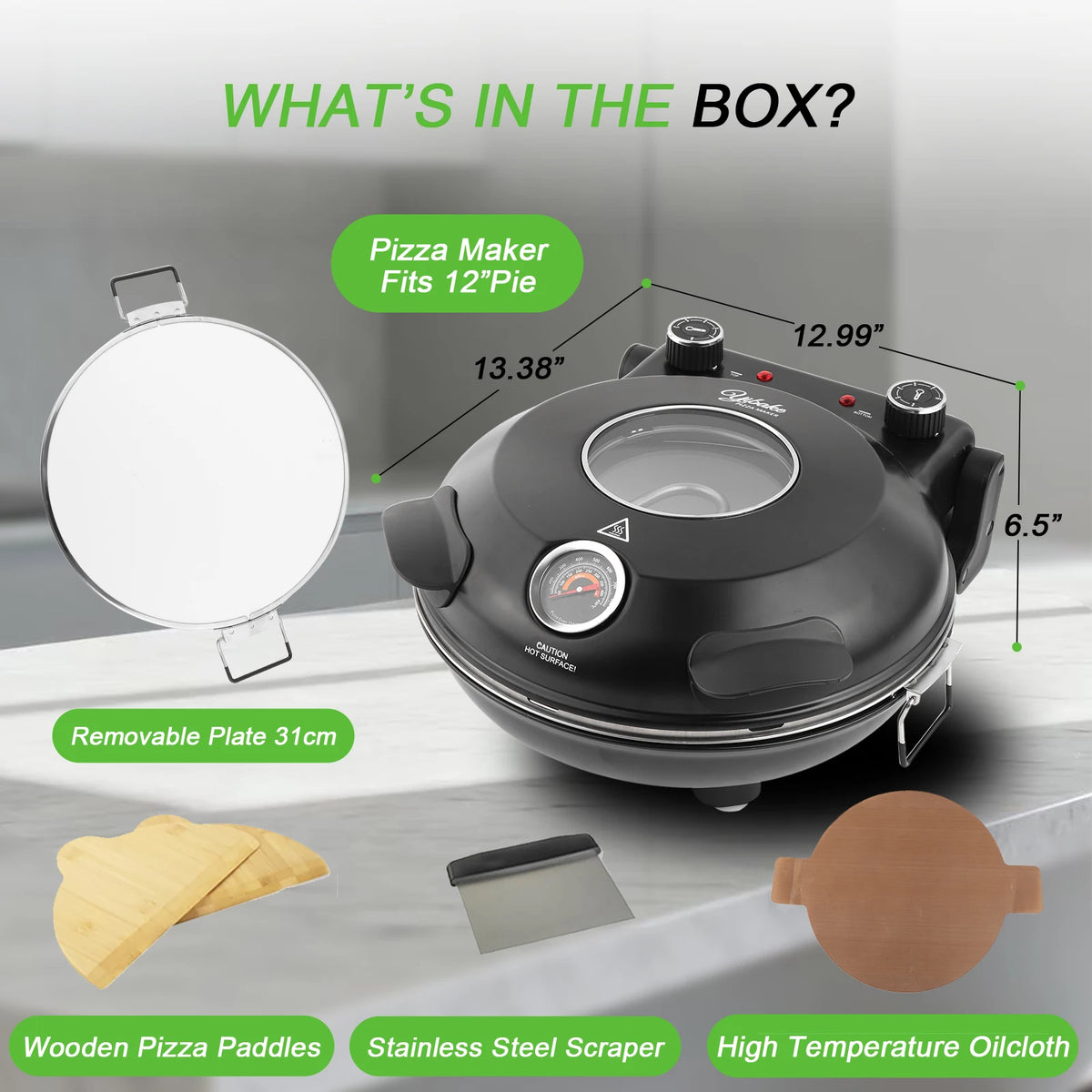 Horno de pizza portátil eléctrico de 12 pulgadas (30 cm) 1200 W hasta 420 °C | iBiggoo