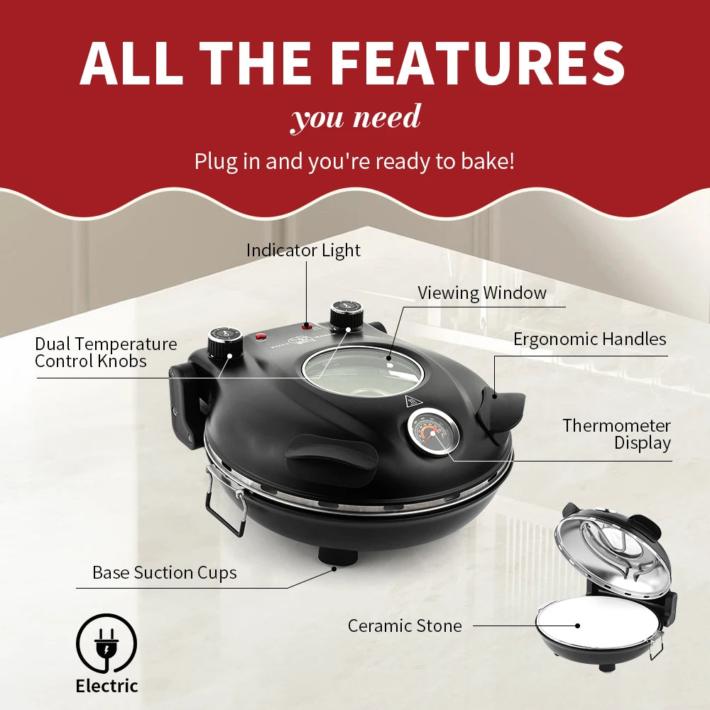 Horno de pizza portátil eléctrico de 12 pulgadas (32 cm) 1200 W hasta 420 °C | iBiggoo