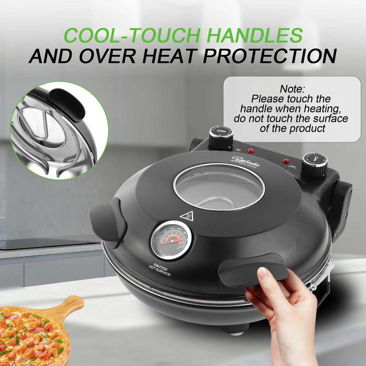 Horno de pizza portátil eléctrico de 12 pulgadas (30 cm) 1200 W hasta 420 °C | iBiggoo