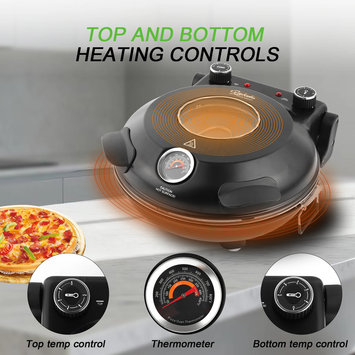 Horno de pizza portátil eléctrico de 12 pulgadas (30 cm) 1200 W hasta 420 °C | iBiggoo